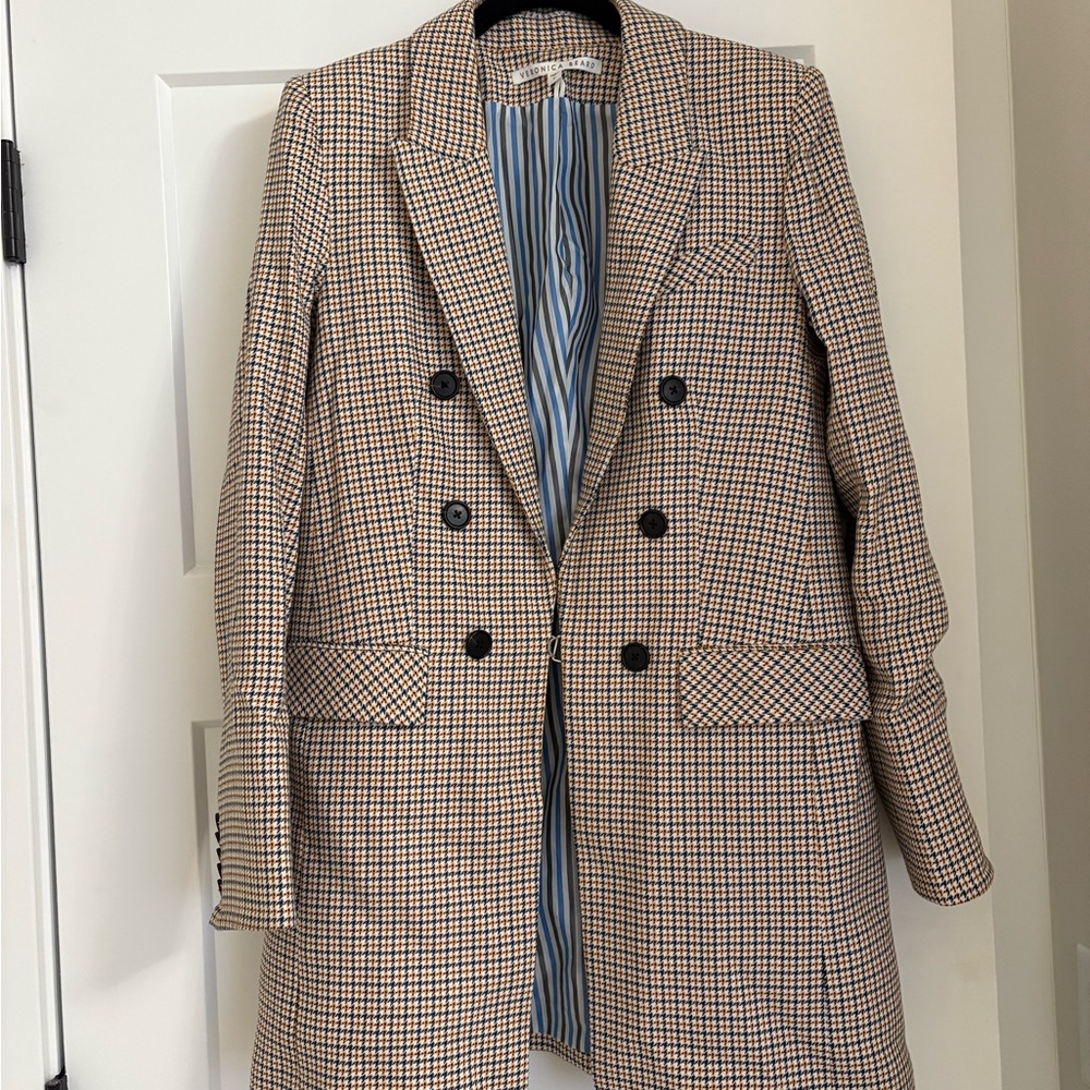 Veronica Beard Beige and Blue Checked Double-Breasted Blazer